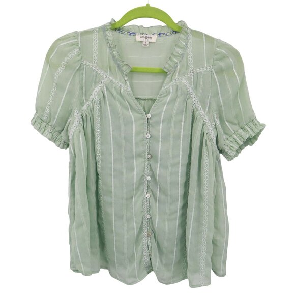 Umgee Sheer Striped Top Womens S Green Boho Casual Peasant Prairie Romantic - Picture 1 of 16